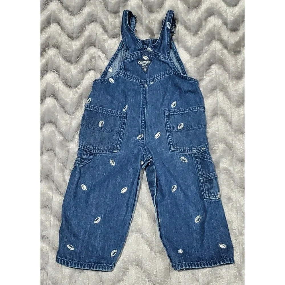 Oshkosh B Gosh Baby Toddler Boys 18 Months Football Denim Overalls Easy Change